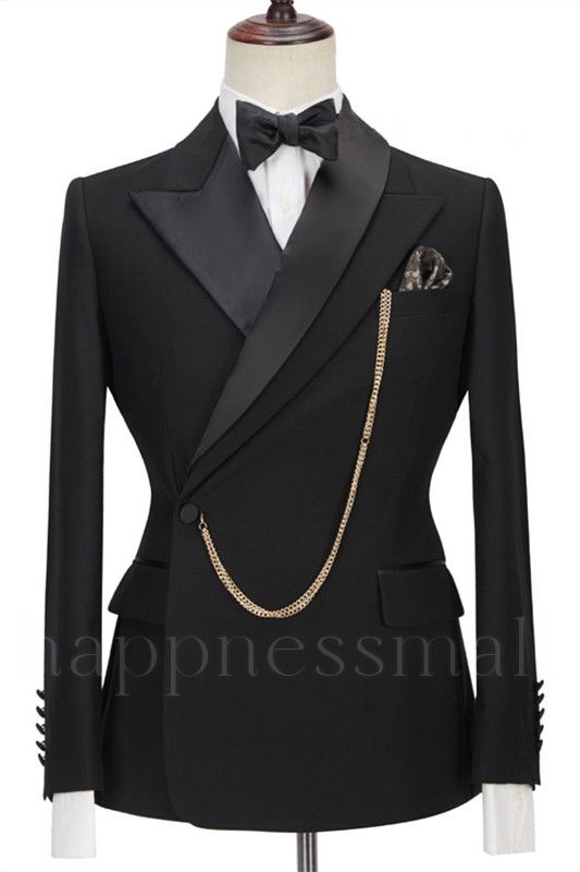 Stylish Black Peaked Lapel Fashion Slim Fit Side One Button  Formal Business Men Suits