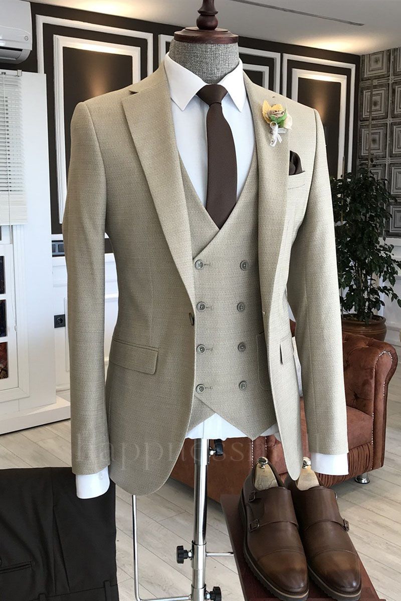 Evelyn Popular Light Brown 2 Flaps Double Breasted Notched Lapel Waistcoat Business Suits For Men