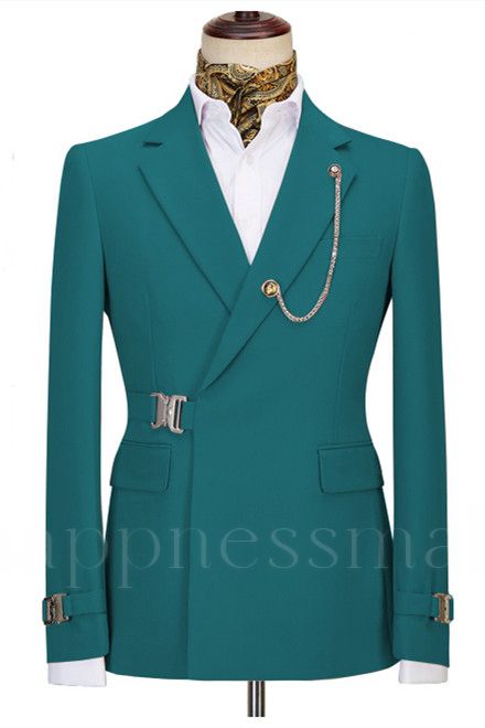 Chic Turquoise Notched Lapel Fashion Two Pieces Men suits with Buckle