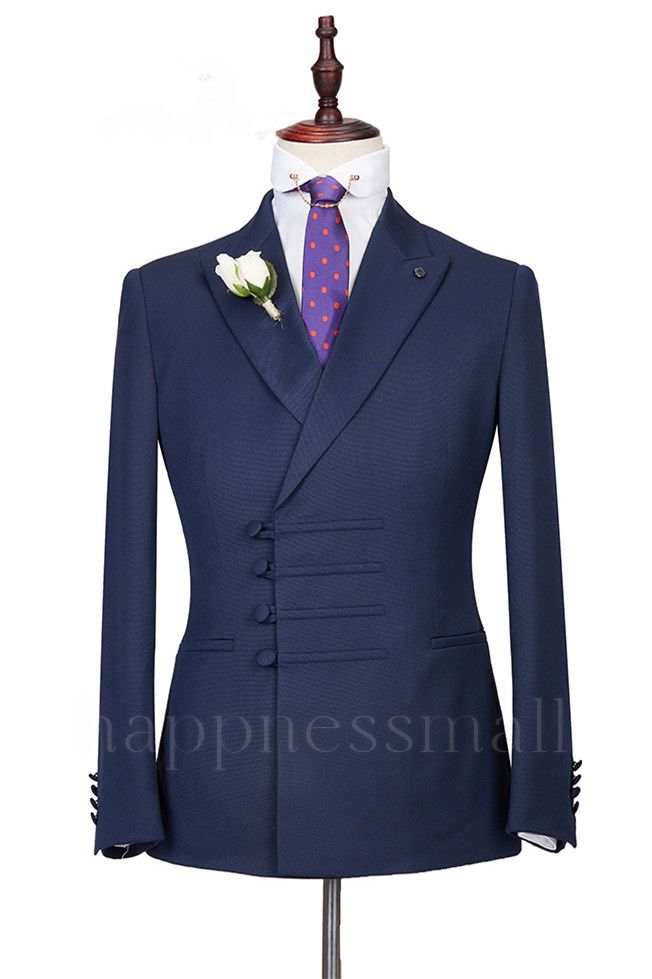 Gentle Dark Navy Peaked Lapel Buckle Best Fitted Men Suits for Formal