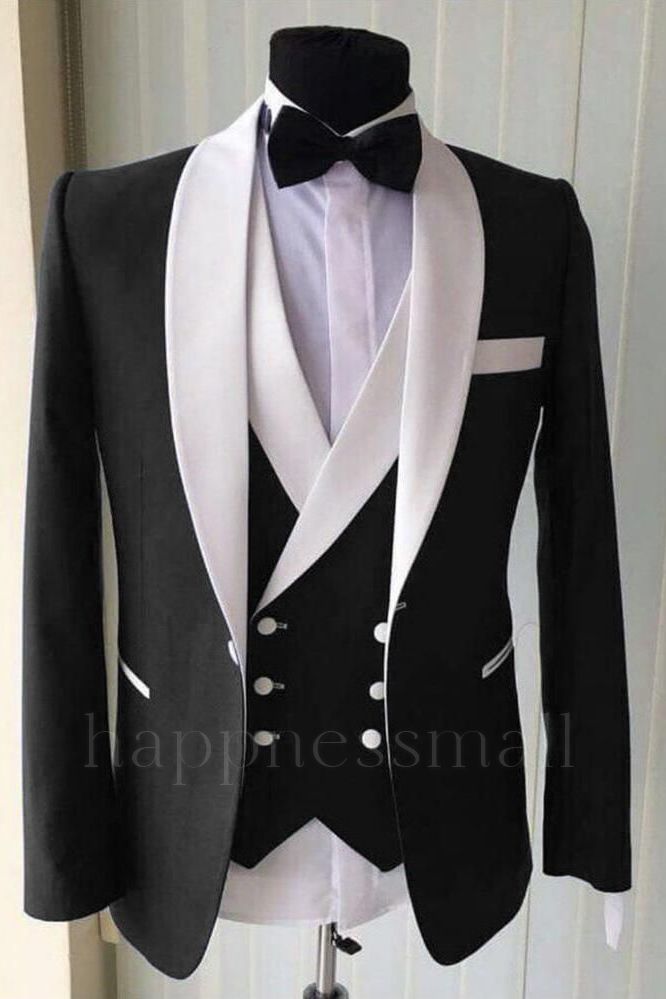 Classical Wedding Groom White Lapel Shawl Lapel Classic 3 Piece Black Men's Suit for Formal