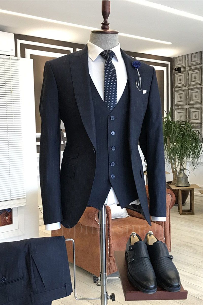 Andrew Newest Blue Striped Peaked Lapel 3-Pieces Business Men Suits