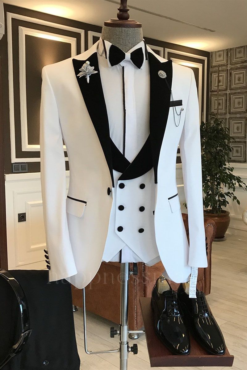 Ava Stylish White Mixed Black Peaked Lapel One Button Slim Fit Prom Men Suit