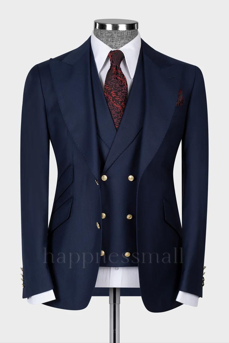 Morden Navy 3 Piece Peaked Lapel Slim Fit Men Suits With Classic Vest