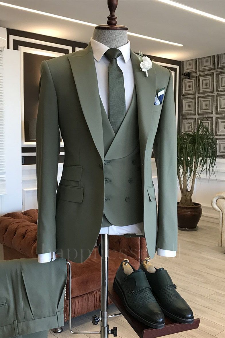 Happnessmall Dark Green 3-Pieces Peaked Lapel One Button Business Suits
