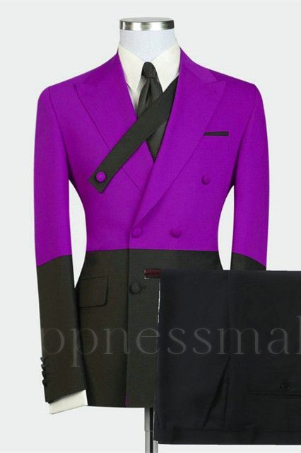 Fashion Purple Double Breasted Peaked Lapel Men Suits