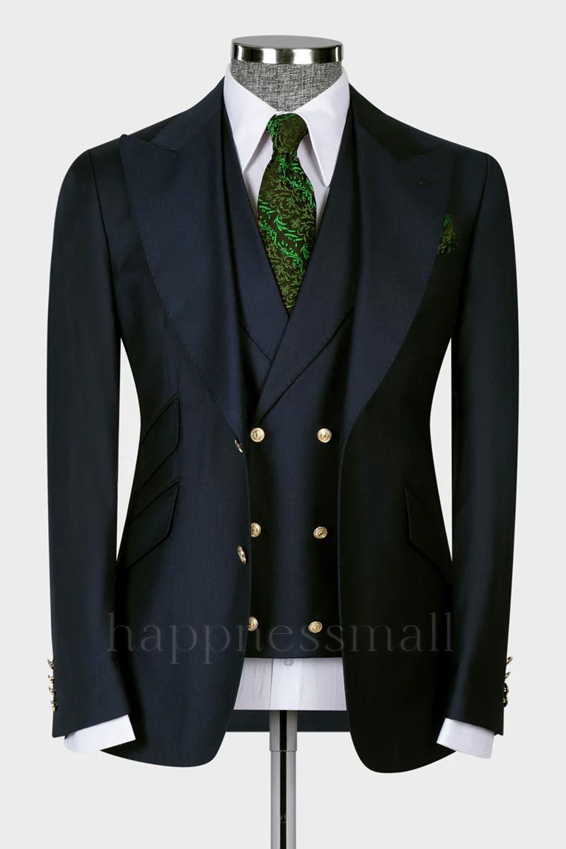 New Dark Blue 3 Piece Peaked Lapel Slim Fit Men Suits With Classic Vest