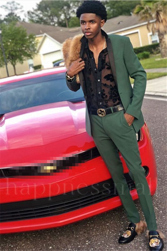 Silas Elegant Dark Green Two Pieces Black Silk Shawl Prom Men Suits