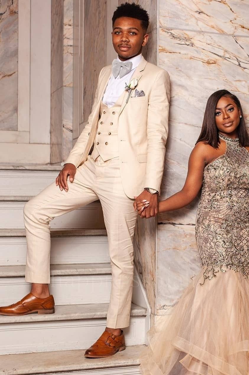Cassian Champagne Three-Pieces Prom Suits | Double Breasted Waistcoat Wedding Tuxedo
