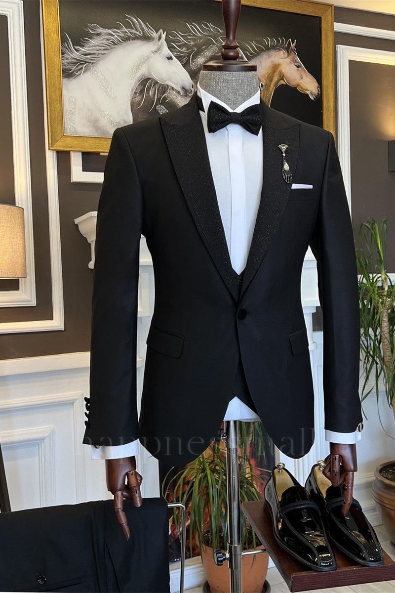 Black Sparkle Peaked Lapel Three Pieces Wedding Men Suits | Happnessmall