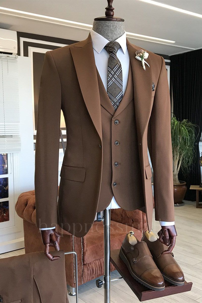 Jagger New Arrival Brown 3-Pieces Peaked Lapel Business Suits For Men