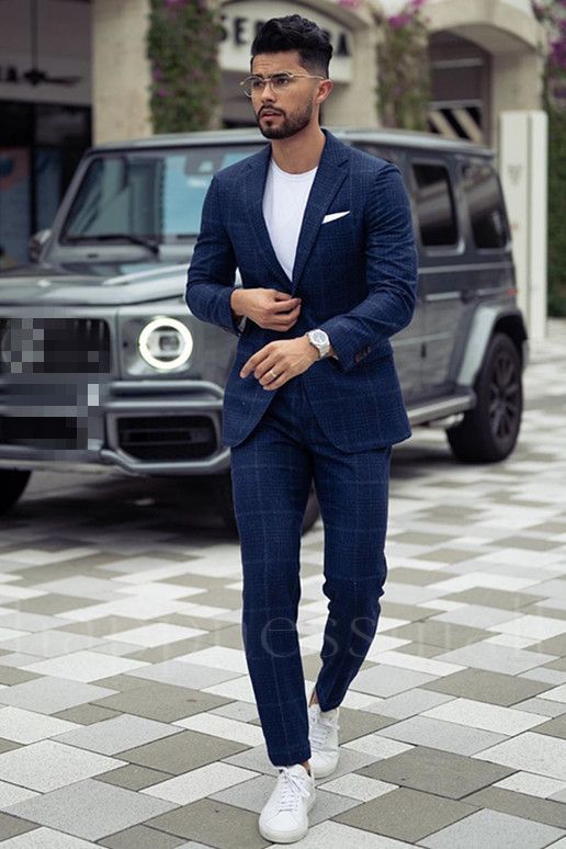 Patricia Simple Dark Navy Plaid Notched Lapel Slim fit  Men Suit