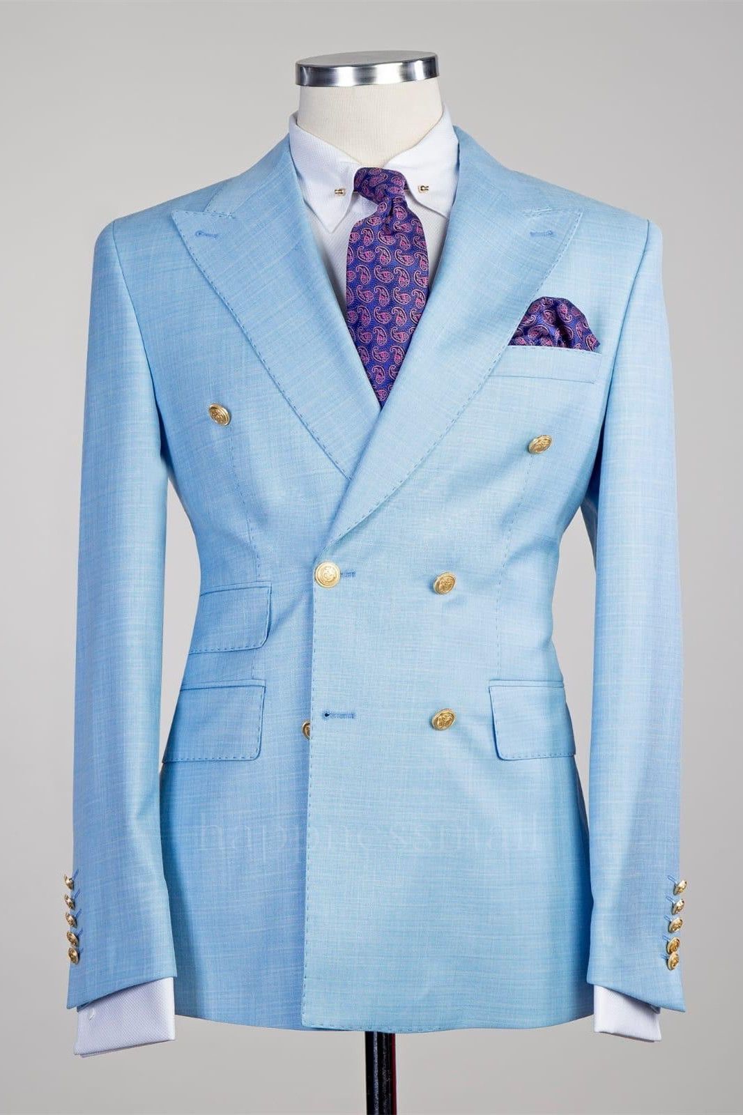 Elegant Shape Sky Blue New Arrival Peaked Lapel Double Breasted Two Pieces Prom Suits