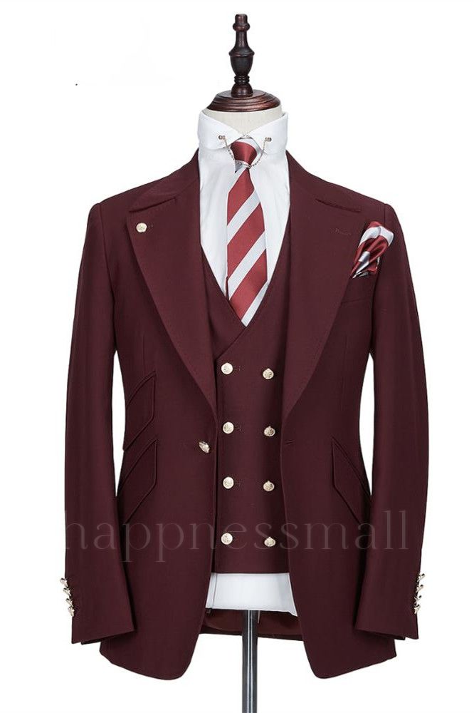 Fashion Burgundy Peaked Lapel One Button Men Suits
