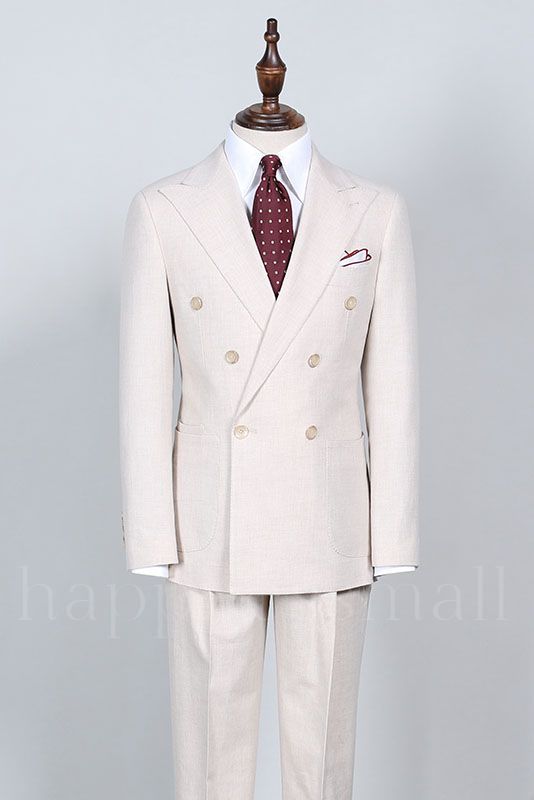 Happnessmall Simple White Peaked Lapel Double Breasted Business Suit For Men