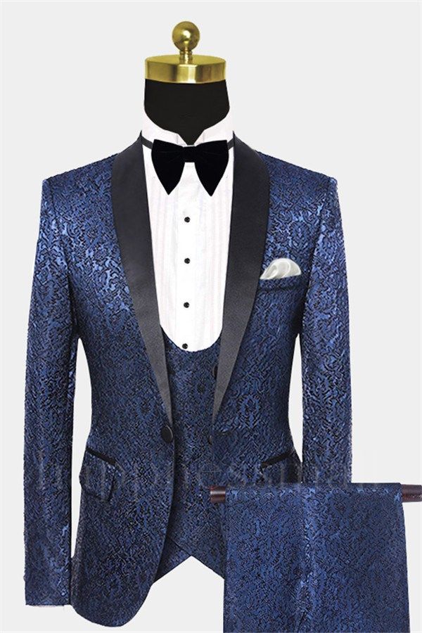 Chic Navy Blue Jacquard Damask Tuxedo | Modern Three Pieces Men Suits