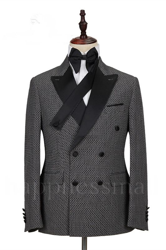 Modern Black Plaid Peaked Lapel Double Breasted Men Suits
