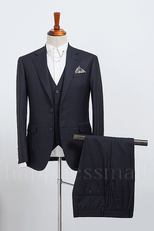 Victor New Arrival Modern Navy Blue Striped 3 Pieces Slim Fit Bespoke Business Suit