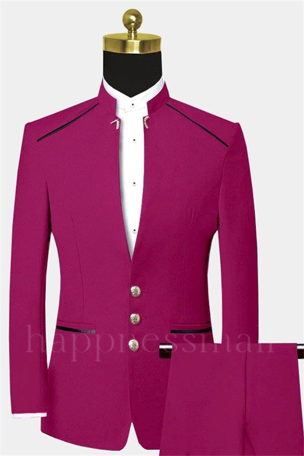 Hunter Pink Mandarin Collar Men Suits | Classic Two Pieces Three Buttons Prom Suits