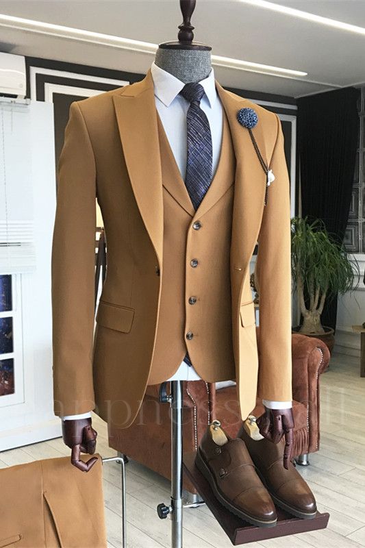Phoenix Handsome Gold Brown Slim fit Three Pieces Men's Suits