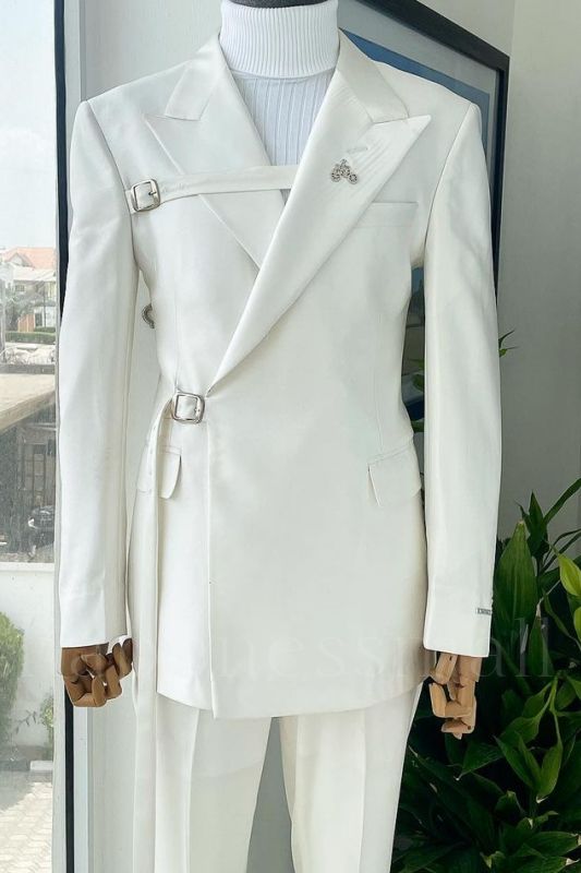 Fashion White Peaked Lapel Two Pieces Prom Suits For Men with Buckle