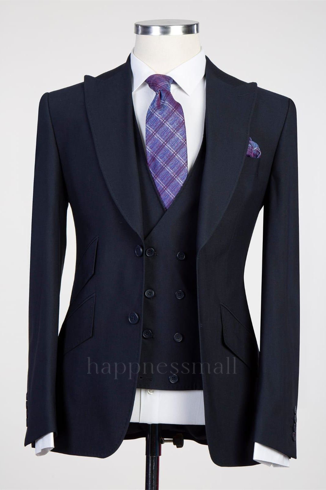 Hayes Glamoros Dark Navy Three Pieces Peaked Lapel Men Suits