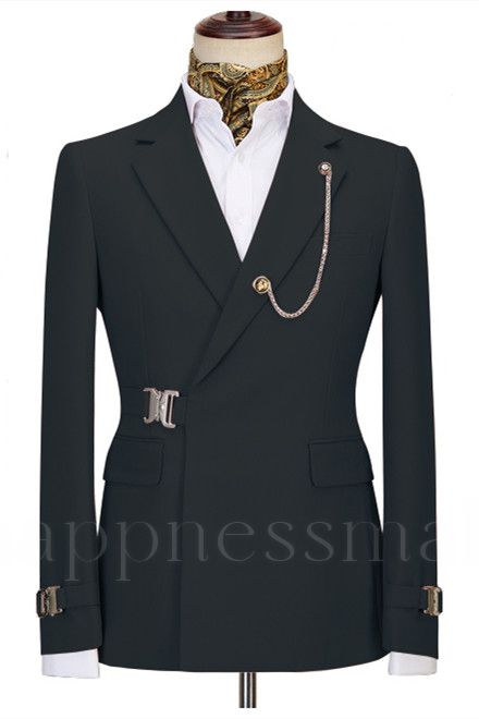 Modern Black Button Notched Lapel Men Suits For Business with Buckle