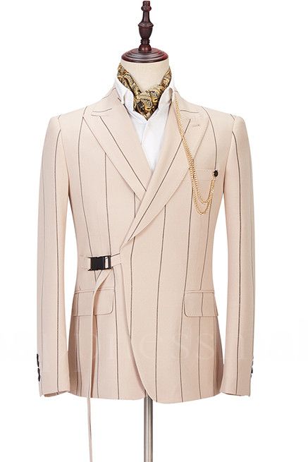 Modern Light Champagne Fashion Striped Peaked Lapel Prom Men Suits