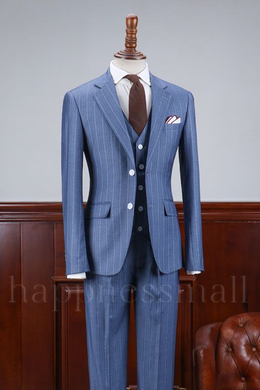 Lucien Trendy Blue Striped 3 Pieces Slim Fit Business Suit For Men