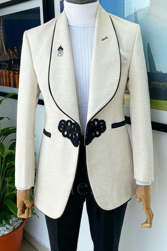 New Arrival White Knitted Button Shawl Lapel Two Pieces Wedding Suits
