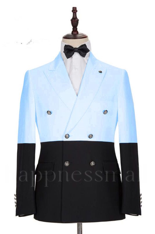 Fashion Sky Blue Double Breasted Men Suits with Peaked Lapel