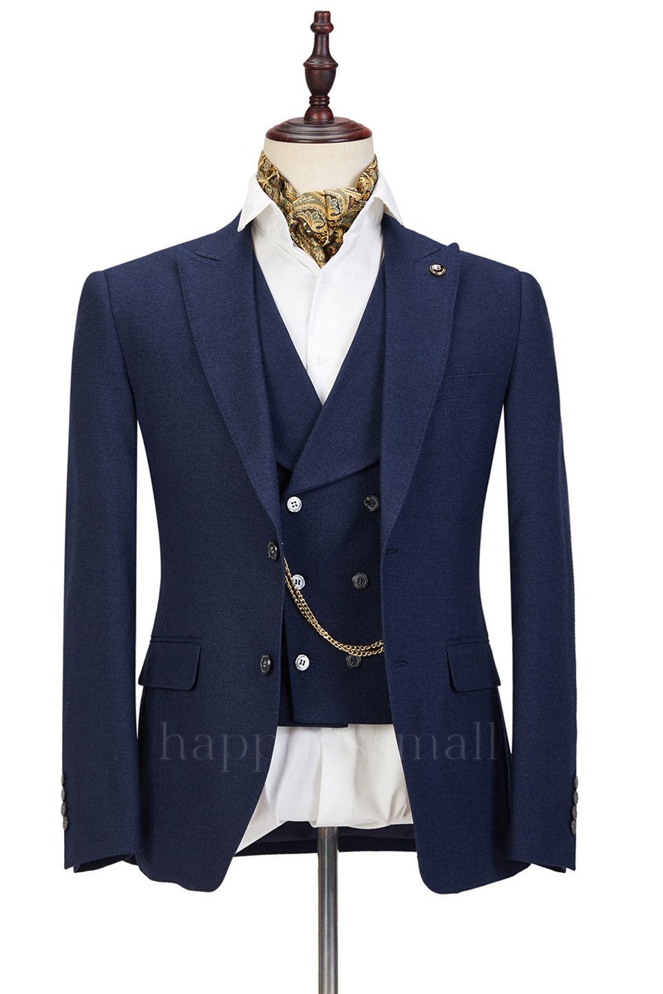 Fashion Dark Blue Three-Piece Fashion Peaked Lapel Wedding Men Suits Sale