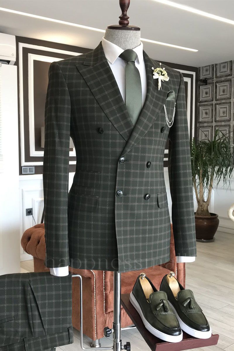 Dimitris Chic Green Plaid Double Breasted Slim fit Business Suits For Men