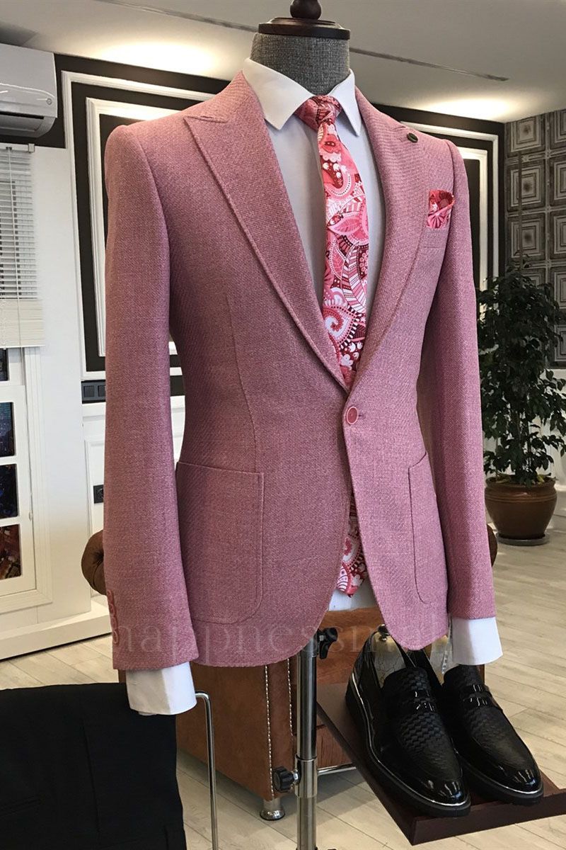 Latest Design Pink Peaked Lapel One Button Slim Fit Prom Men Suits