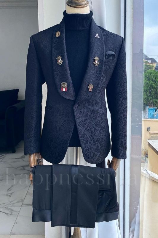Happ New Arrival Navy Blue Jacquard Shawl Lapel Two Pieces Wedding Suits