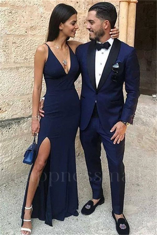 Hugo Elegant Dark Blue Two-Piece Prom Men Suits with Black Lapel