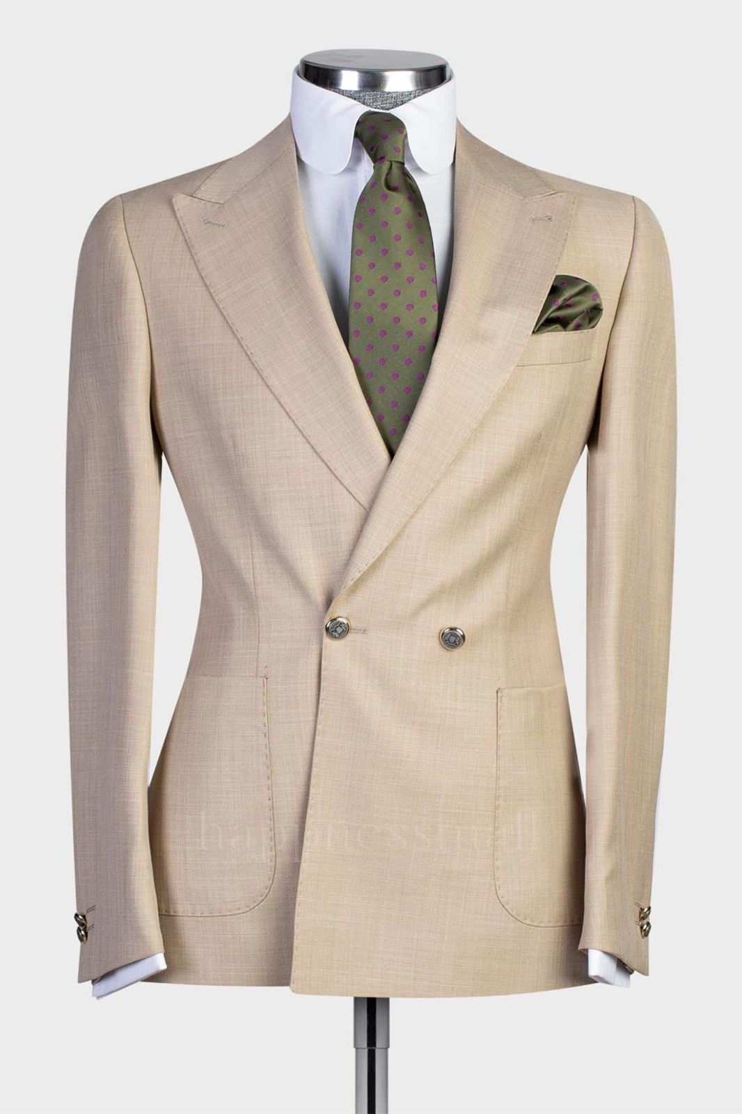 Samuel Stylish Champagne Peaked Lapel Double Breasted Prom Men Suits