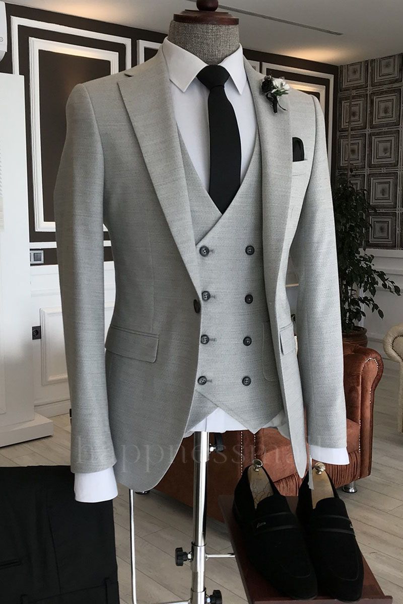Nadia Simple Light Gray 3-Pieces Notched Lapel Double Breasted Business Suits For Men