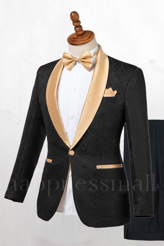 Matthew Handsome Black One Button Slim Fit Wedding Men Suits with Gold Lapel
