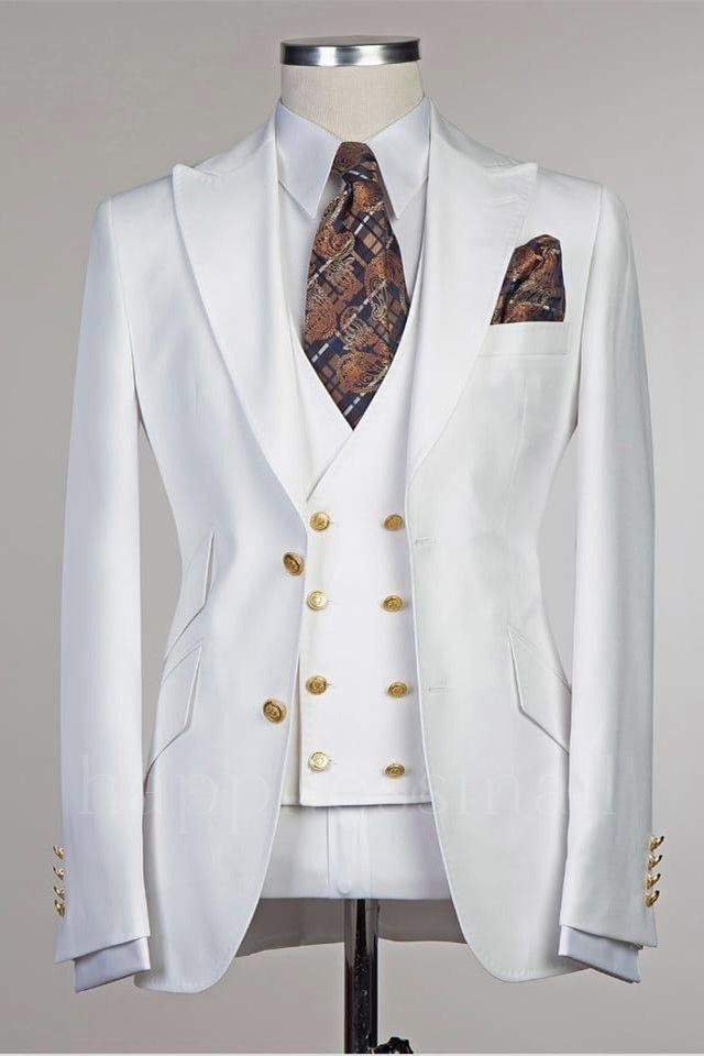 Gentle White Peaked Lapel Slim Fit Wedding Groom Suit