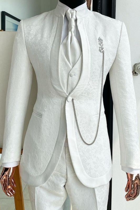 Happ Stylish White Jacquard One Button Three Piece Wedding Suits