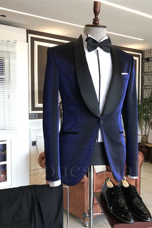 Magnus  Special Design Navy Blue Shawl Lapel Wedding Suits with Black Lapel