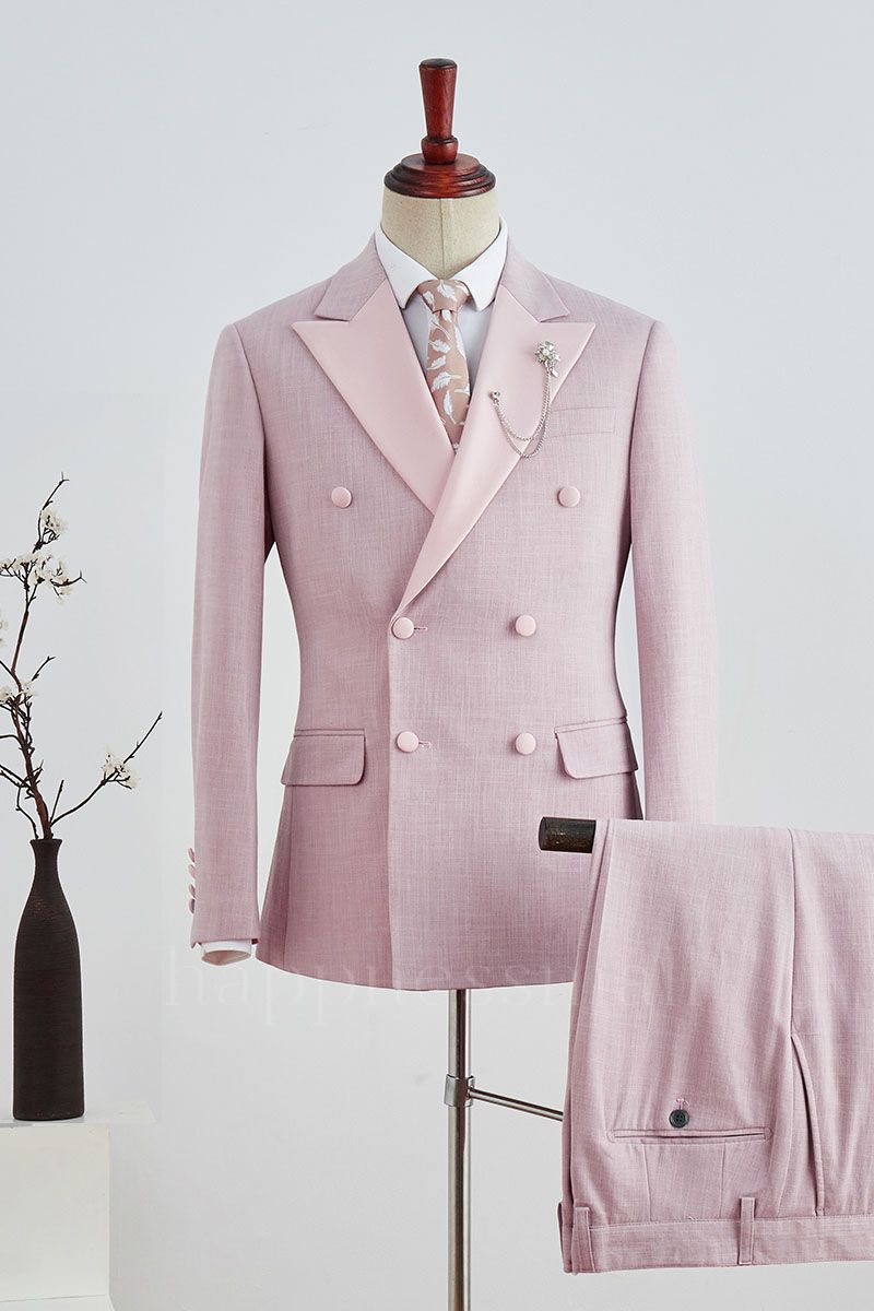 Latest Design Pink Plaid Peaked Lapel Double Breasted Prom Suit