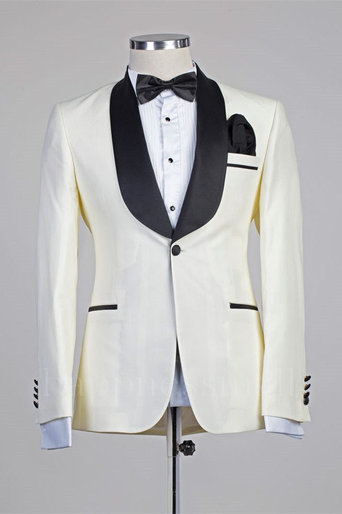 Advanced Ivory One Button Simple Slim Fit Wedding Suits with Black Lapel