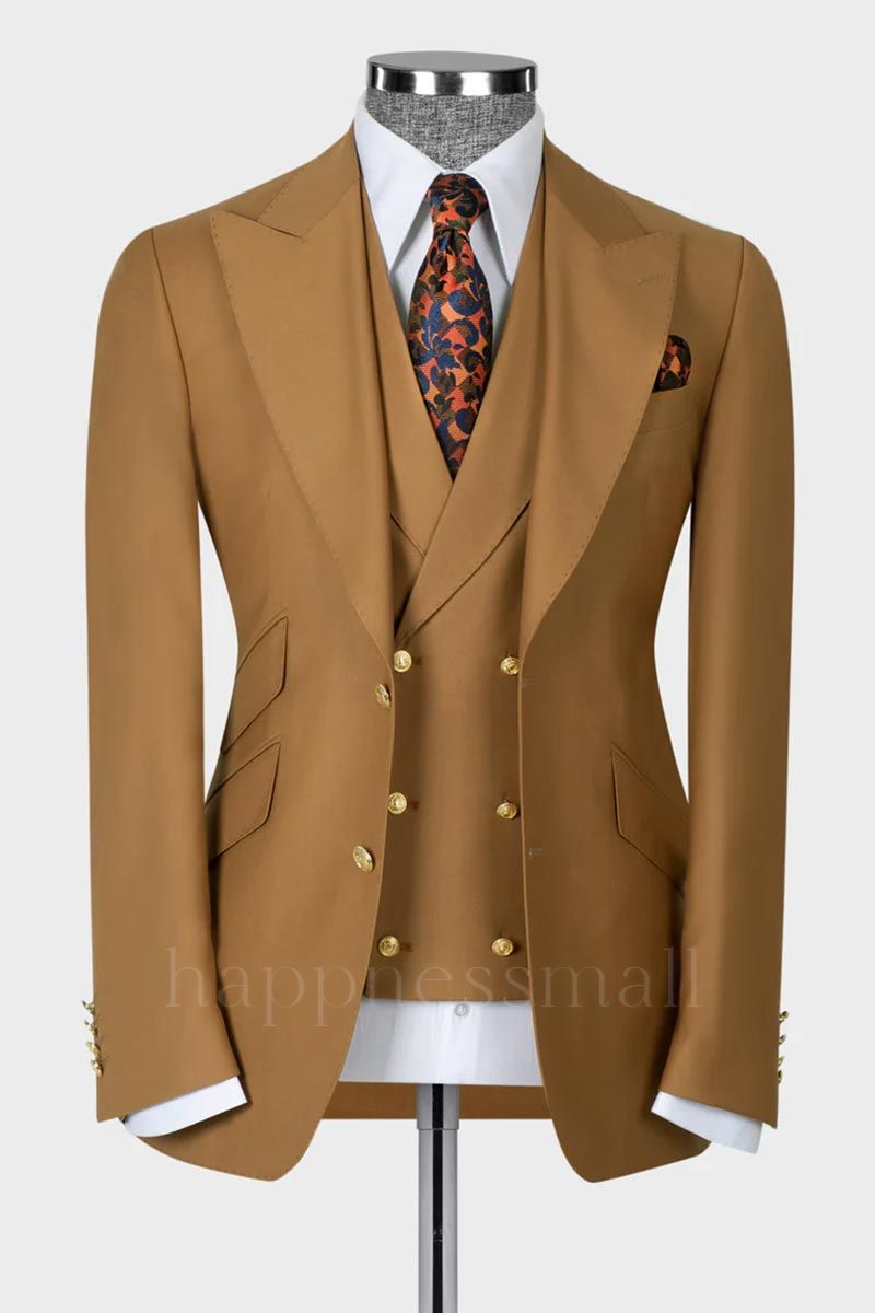 Morden Camel 3 Piece Peaked Lapel Slim Fit Men Suits With Classic Vest