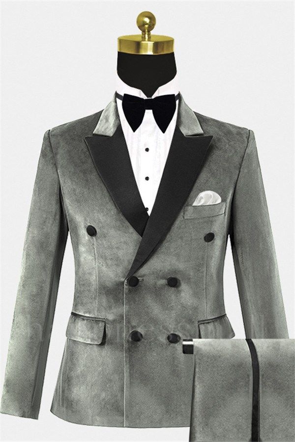 Orion Handsome Double Breasted Velvet Tuxedo | Silver Peak Lapel Prom Suits
