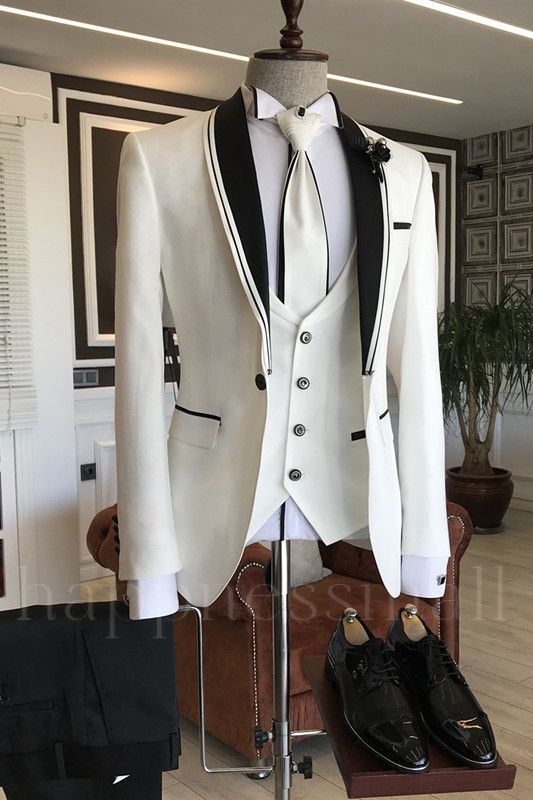 Dimitris White Slim Fit Tailored Wedding Men's Suits with Black Shawl Lapel
