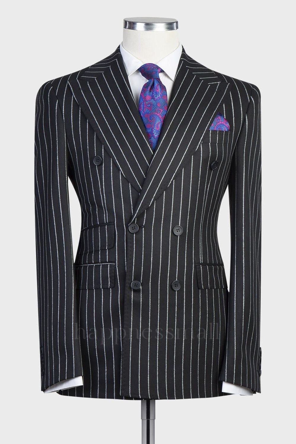 Sophia Modern Black Double Breasted Stripe Peaked Lapel Business Men Suits