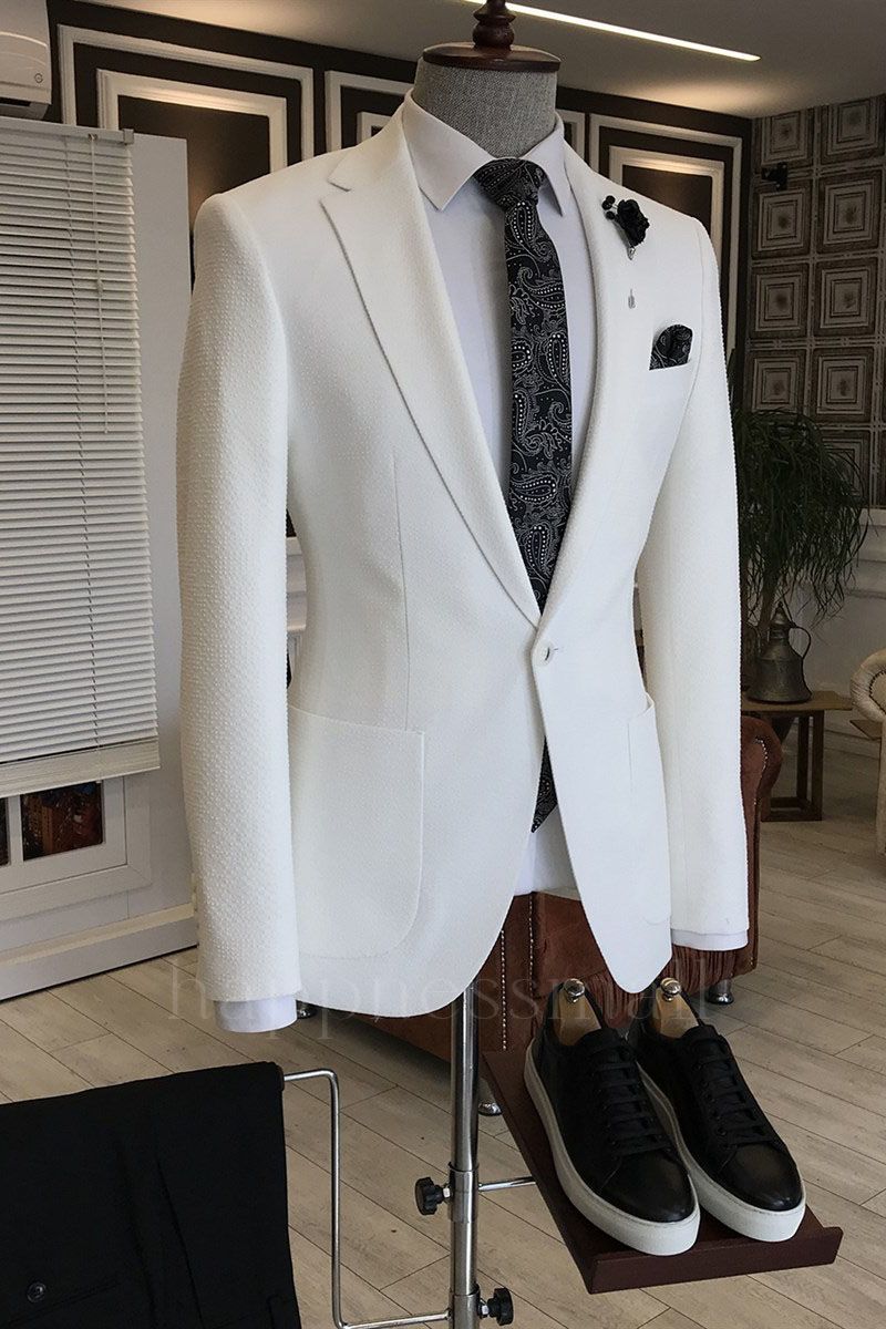 Modern White Notched Lapel Slim Fit Business Men Suits | Happnessmall