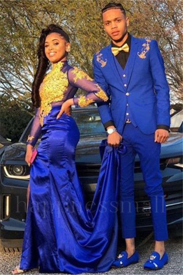 Special Design Royal Blue Three Pieces Prom Men Suits With Appliques